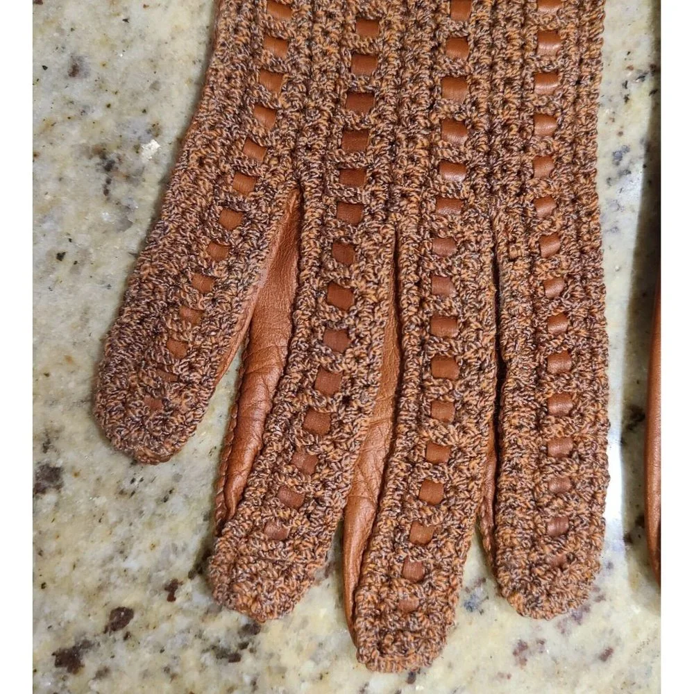Vintage Size M 7 Brown Leather And Knit Handmade Gloves Hammer Of Hollywood
